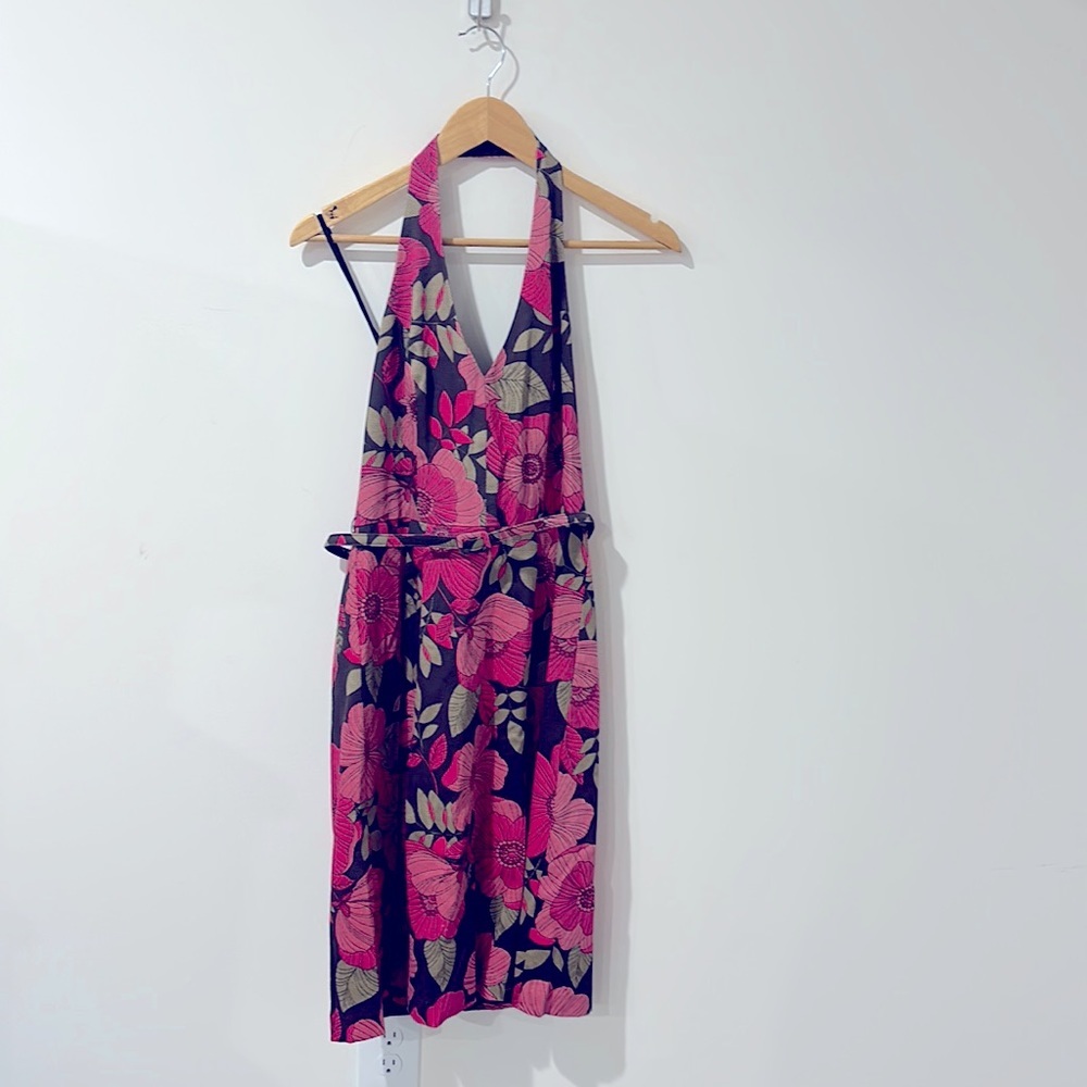 • David Meister • Floral Pink Dark Brown Halter Neck Knee Length Dress 4 Belted - Picture 2 of 5